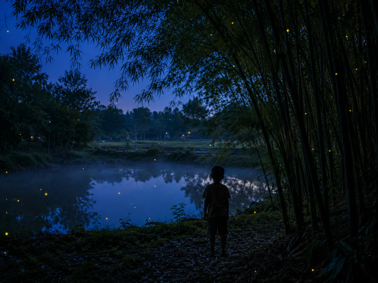 A boy watching fireflies glow at dusk by a pond