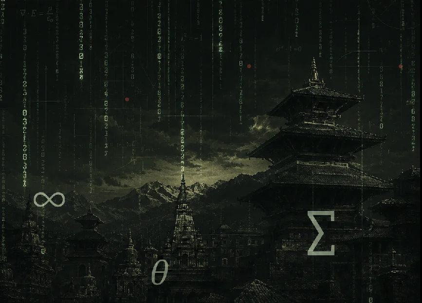 Mathematical equations and symbols cascading over a hill temple's skyline