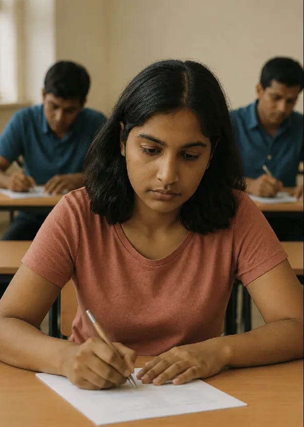 A focused student writing an exam in a classroom